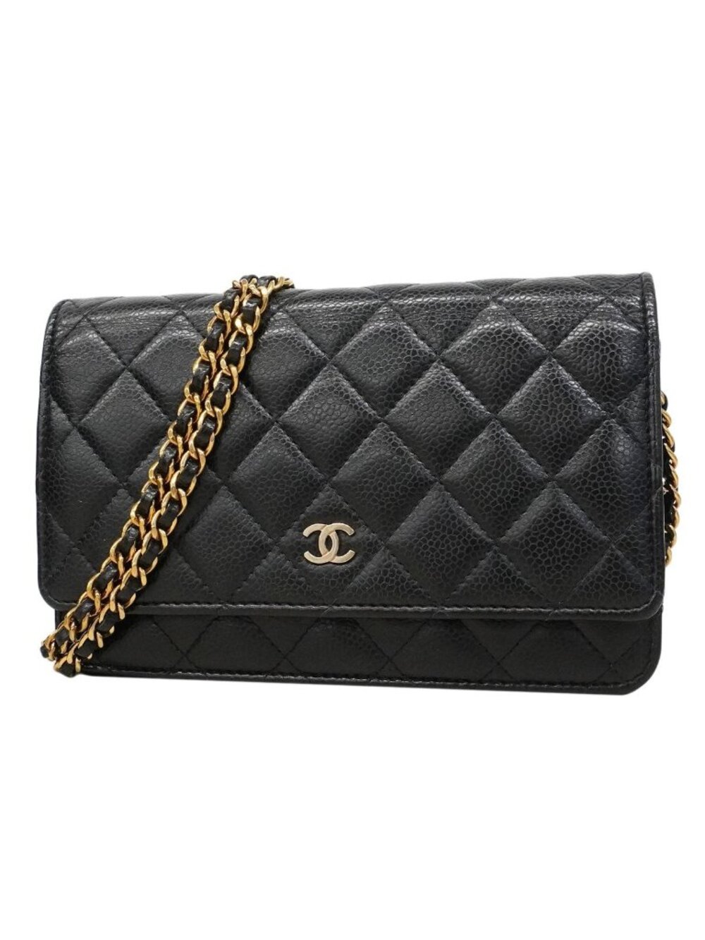 Chanel Shoulder Wallet Quilted Caviar Leather Black Gold